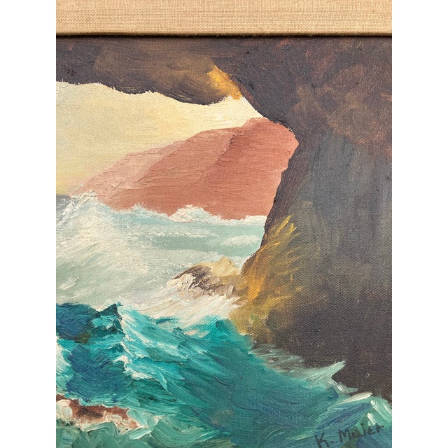 1970’s Original Rocky Seascape Painting Chunky Carved Wood Frame Signed For Sale - Image 4 of 5