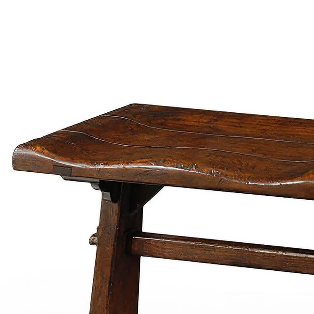 English country double saddle dining bench with H stretcher base. Dimensions: 41" W x 14" D x 19.5" H