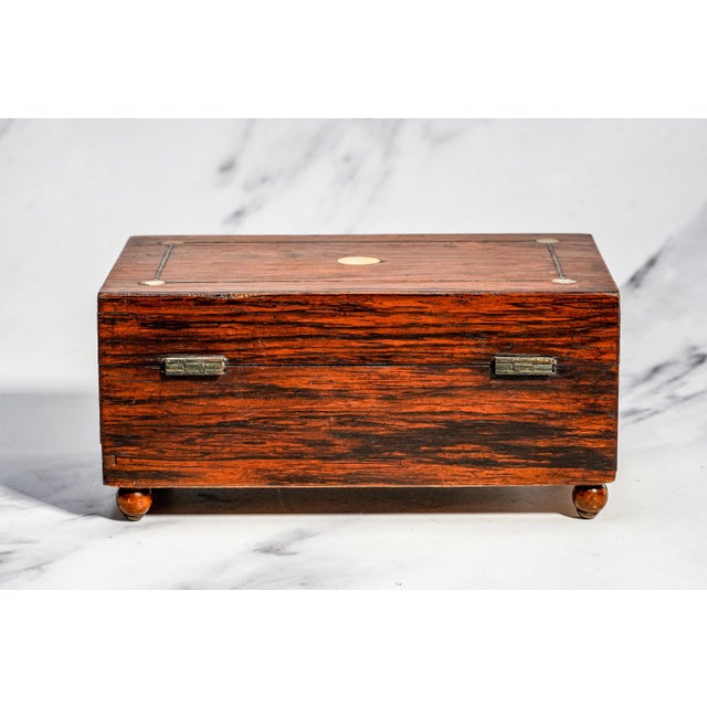 Charming Small Antique Victorian Wood Jewelry Box With Key Inset Mother of Pearl Home Decor For Sale - Image 11 of 13