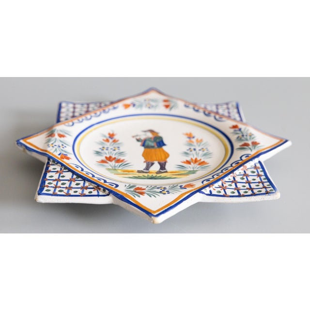French Provincial Antique French Faience Quimper Star Shaped Plate For Sale - Image 3 of 7