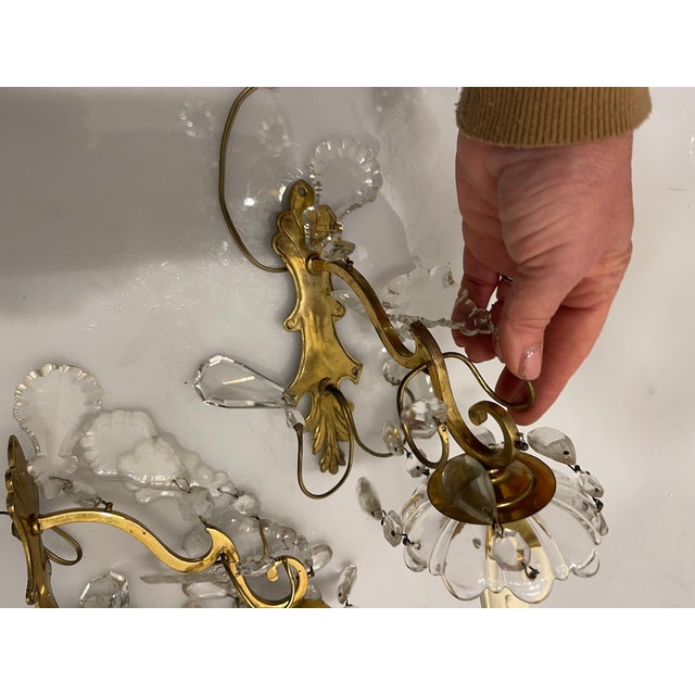 Metal Brass Crystal Sconces, 1950s, Set of 2 For Sale - Image 7 of 13