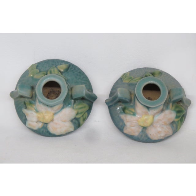 Roseville Pottery Clematis Ceil Blue Short Candlestick Holders 1158 2 a Pair 4688b For Sale - Image 13 of 16
