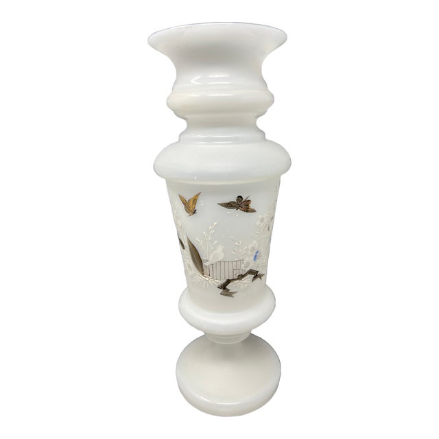 Antique Opaline Milk Glass Vase With Hand Painted Butterflies Circa 1890 For Sale