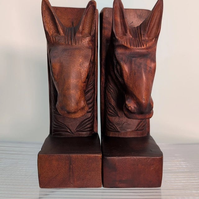 1990s Vintage MCM Hand Carved Wood Horse Head Bookends-Pair For Sale - Image 5 of 7