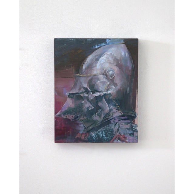 The artwork features a striking, abstracted helmet that evokes a sense of both protection and isolation. Layers of oil...