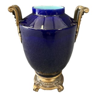 Early 1900's Cobalt Blue Ceramic Vase With Brass Handles For Sale