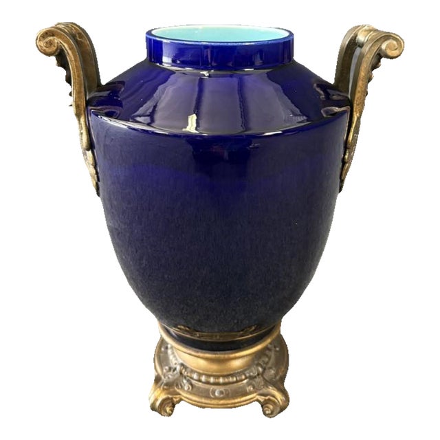Early 1900's Cobalt Blue Ceramic Vase With Brass Handles For Sale