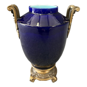 Early 1900's Cobalt Blue Ceramic Vase With Brass Handles