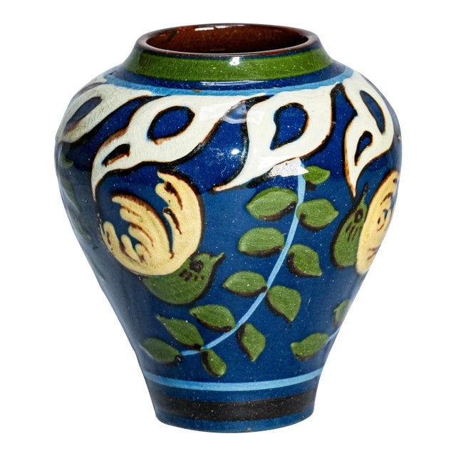 Miniature Colorful Painted Glazed Antique Pottery Art Nouveau Style Vase For Sale