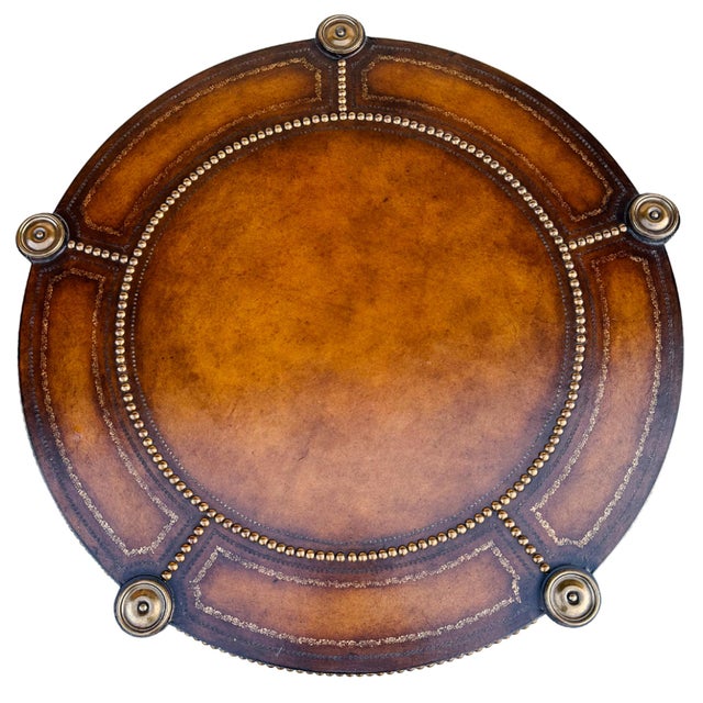 Late 20th Century Vintage Regency Leather & Brass 3-Tier Round Center Table - Attributed to Maitland-Smith For Sale - Image 5 of 10