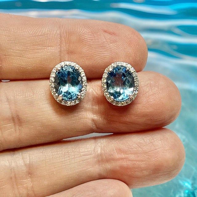 Traditional Natural Topaz Diamond Stud Earrings 14k W Gold 6.98 TCW Certified For Sale - Image 3 of 17
