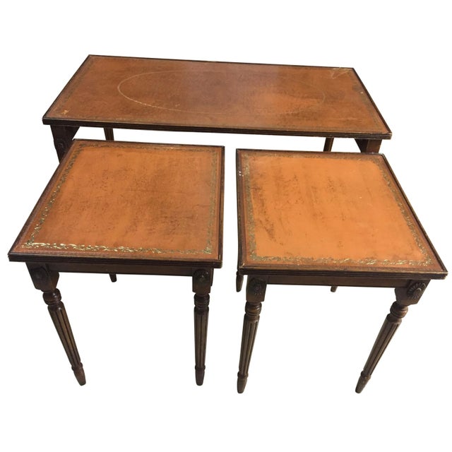 Cinnamon 19th Century French Leather Top Cocktail Table With 2 Nested Side Tables - Set of 3 Pieces For Sale - Image 8 of 8
