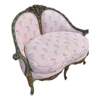 Antique French-Style Settee With Pink & Green Floral Upholstery For Sale