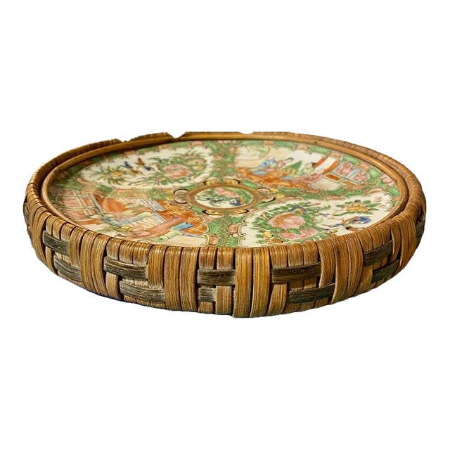 Antique Chinese Rose, Medallion Plate in a Wicker Case For Sale
