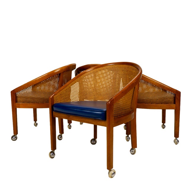 Mid-Century Modern 1970s Set of 4 Bent Oak & Cane Tub Chairs on Casters W/ Royal Blue Cushions in the Manner of Ward Bennett For Sale - Image 3 of 18