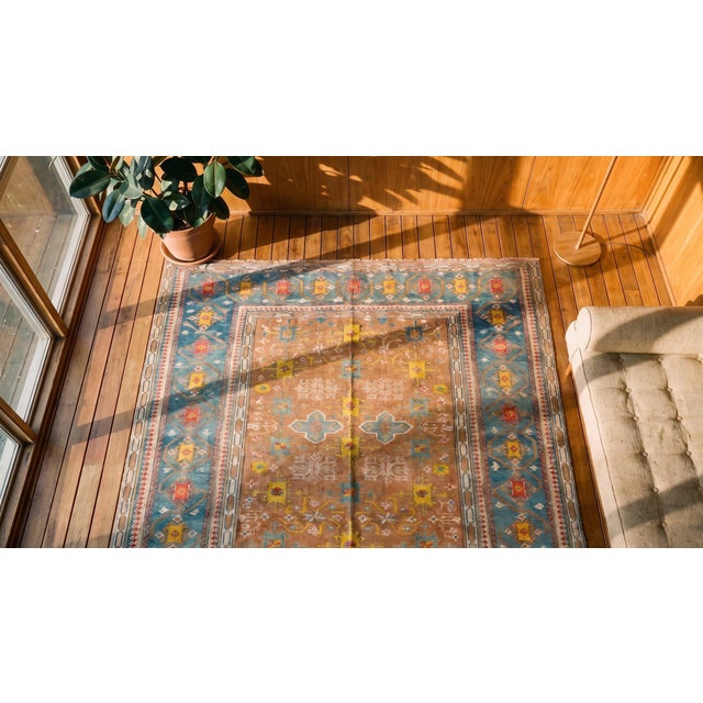 Textile 1890s Tan Camel Geometric Antique Indian Agra Rug 5' X 7' 4" Cotton Knotted Carpet For Sale - Image 7 of 9