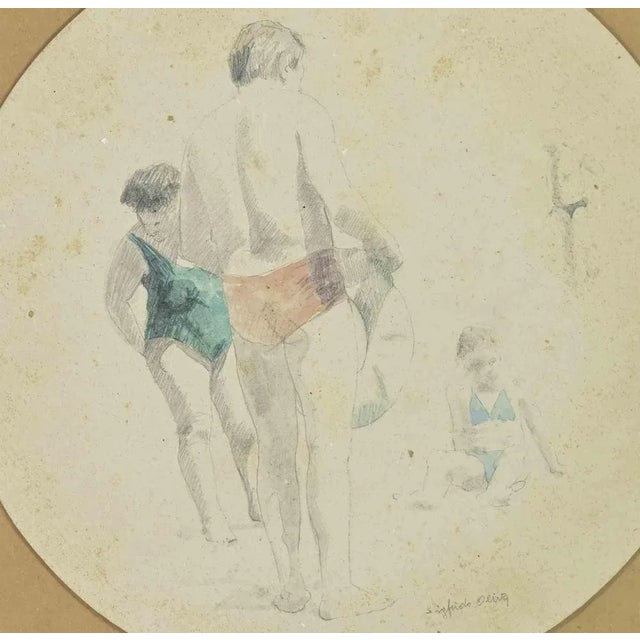 Contemporary Sigfrido Oliva, At the Beach, Pencil and Watercolor, 1980s, Framed For Sale - Image 3 of 4