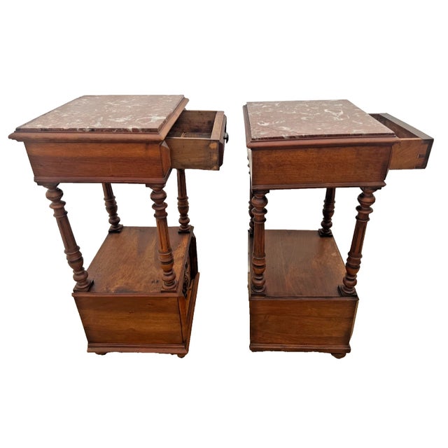 Antique French Renaissance Revival Nightstands Marble Top Commode Bed Cabinets For Sale In Palm Springs - Image 6 of 12