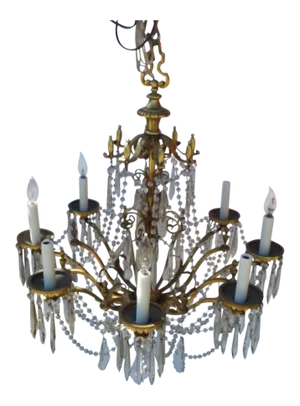 Heavy Brass and Crystal Chandelier With Eight Lights