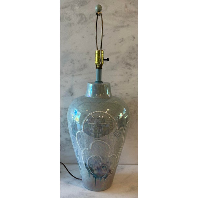 Contemporary Large Raku Pottery Table Lamp With Iridescent Pastel Glaze For Sale - Image 3 of 8