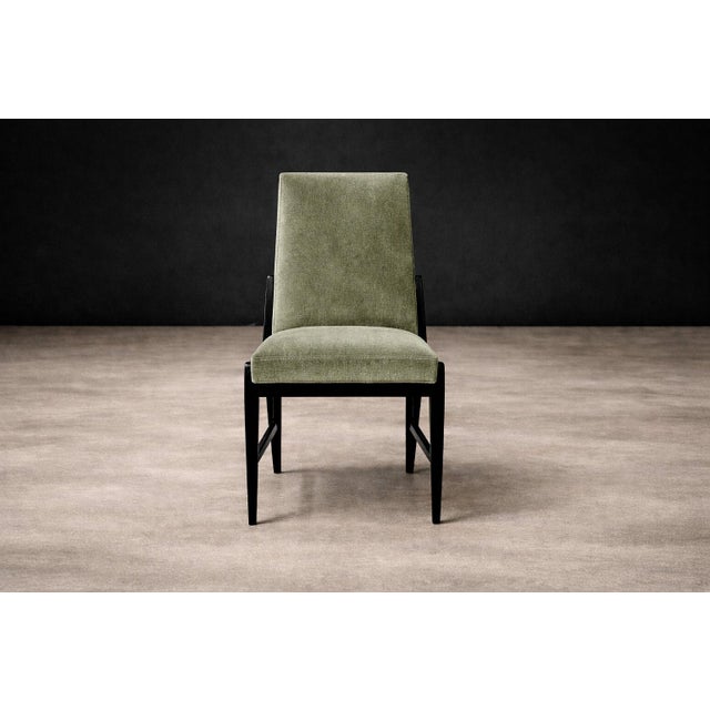 Cimo, Brazil, 1950s — Set of 8 Dining Chairs in Hardwood With Dusty Olive Mohair & Jacarandá Backs (2 Armchairs + 6 Side Chairs) For Sale In New York - Image 6 of 16