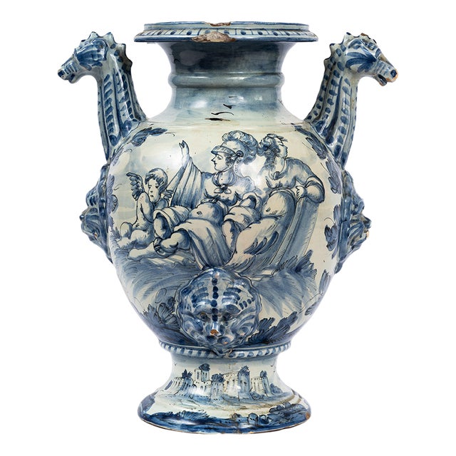 Antique Stagnone Vase in Glazed Majolica with Double-Handled Sides, 1700s For Sale