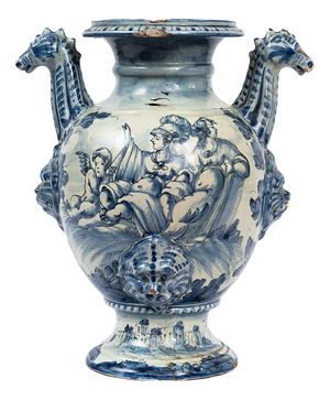 Antique Stagnone Vase in Glazed Majolica with Double-Handled Sides, 1700s
