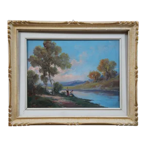 Mid 20th Century River Landscape Oil Painting on Canvas Signed G. Rovatti, Framed