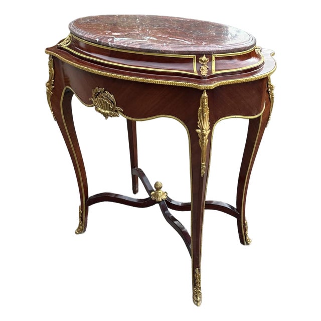 1900s French Louis XVI Mahogany Bronze Marble Side Table For Sale