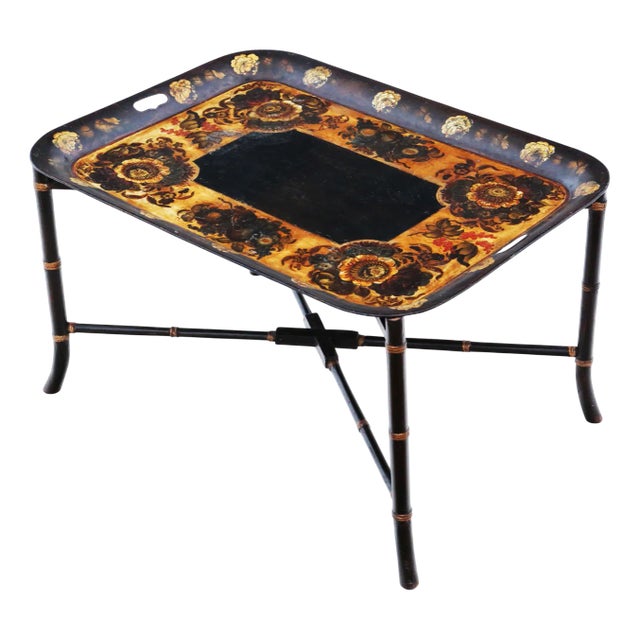 Victorian Decorated Black Lacquer Coffee Table Tray on Stand, 1890s For Sale