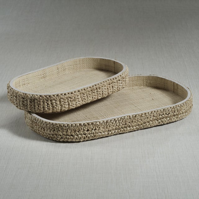 Boho Chic Reggio Loom Oval Raffia Tray with Leather Trim, Large For Sale - Image 3 of 6