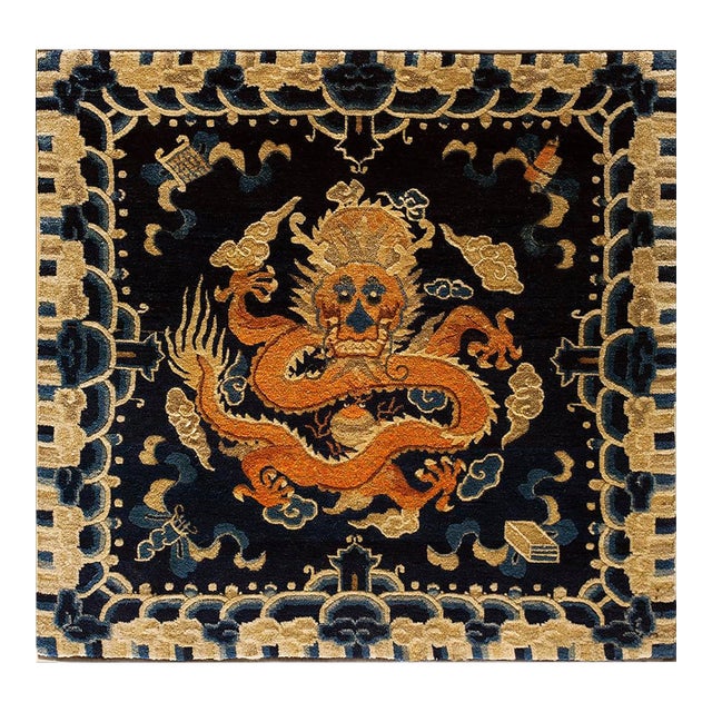 1890s Blue Navy Cloud Band Dragon Antique Chinese Ningxia Rug 3' X 3'2" Knotted Wool Carpet For Sale