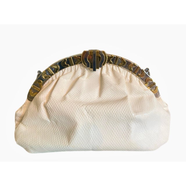 Metal Judith Leiber Style Ivory Karung Snake Clutch With Two Toned Clasp For Sale - Image 7 of 8
