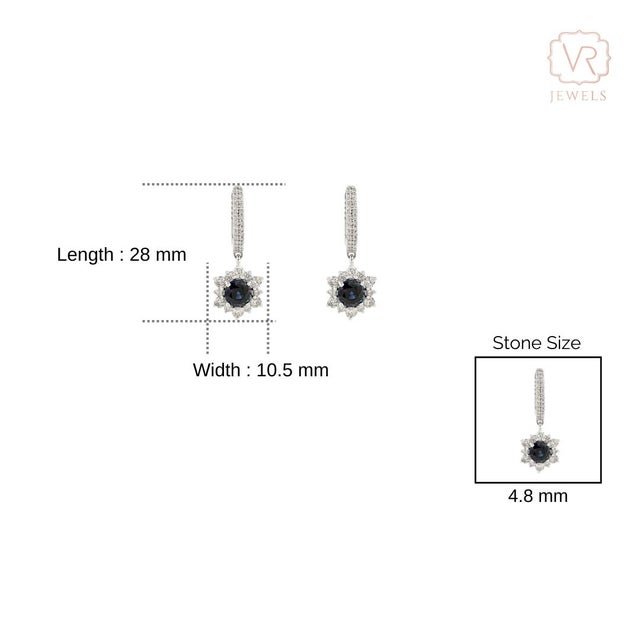 Navy Blue 14k White Gold Diamond Cluster Flower Sapphire Drop Earrings for Her- 2 Pieces For Sale - Image 8 of 12