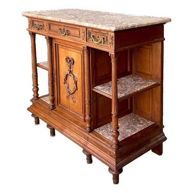 Vintage Marble Top Carved Wood Sideboard For Sale