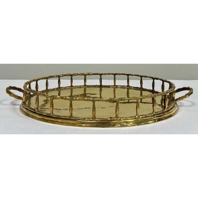 Mid-Century Modern Vintage Round Brass Faux Bamboo Rail Gallery Tray For Sale - Image 3 of 7