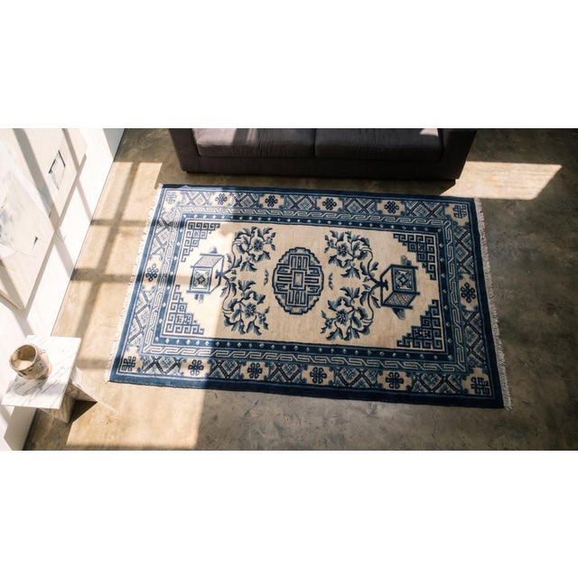 1920s Ivory Field Medallion Antique Chinese Baotou Rug 3' X 6' Handknotted Pile Wool Carpet For Sale - Image 11 of 11