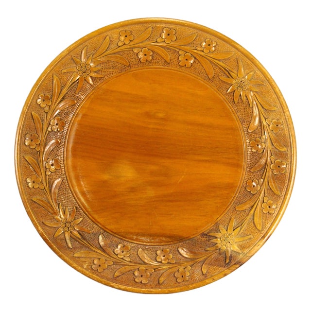 Early 20th C. Black Forest Style Carved Wooden Plate W Edelweiss 10.5" For Sale