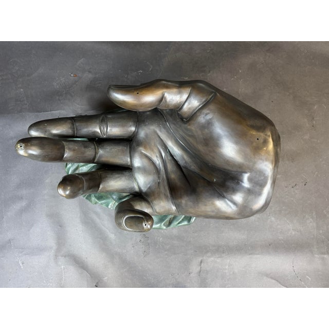 Art Deco Mid Century Leonardo Rossi Bronze Hand Sculpture Glass Top Coffee Table For Sale - Image 3 of 11