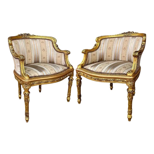 Antique Italian Neoclassical Louis XVI Petite Giltwood Bergeres ~ Armchairs For Sale