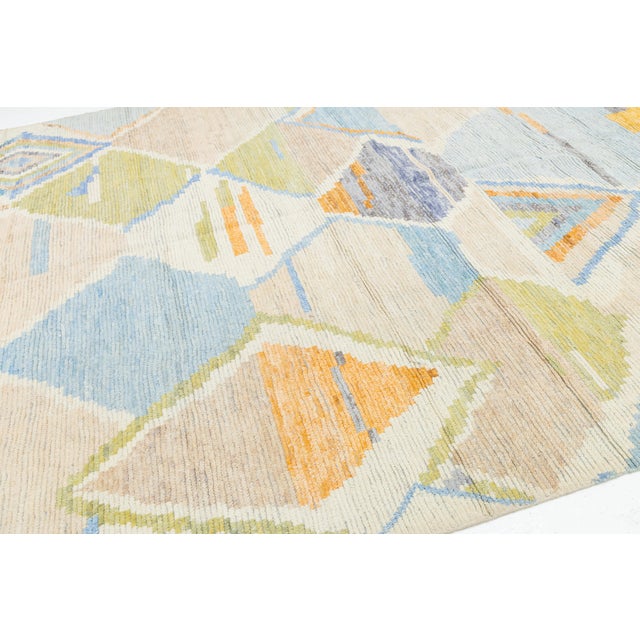 Sky Blue Abstract Geometric Moroccan Style Hand-Knotted Wool Rug – Pastel & Earth Tones For Sale - Image 8 of 11