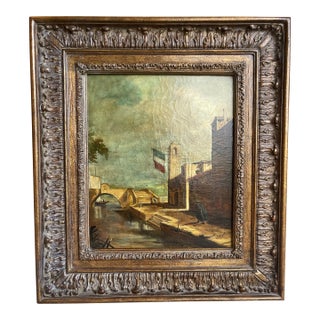 Late 20th Century Heavy Carved Wood Framed Oil Painting of Italian Architectural Scene For Sale