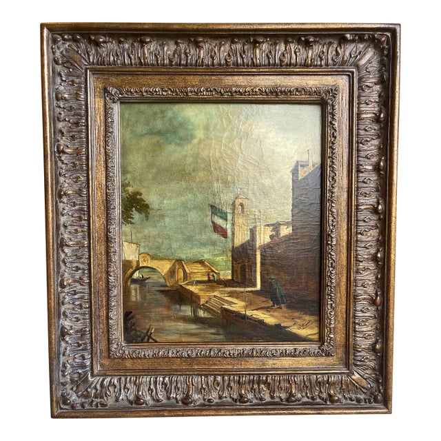 Late 20th Century Heavy Carved Wood Framed Oil Painting of Italian Architectural Scene For Sale