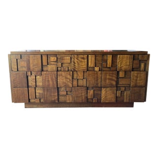 1978 Brutalist Paul Evans Style by Lane. Walnut Lowboy Dresser & Mirror For Sale