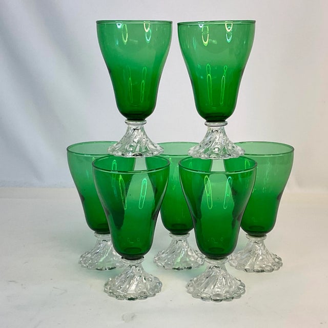 Art Deco Antique Art Deco Depression Green Glass Toasting Goblets/Parfait Cups - Set of 7 For Sale - Image 3 of 6