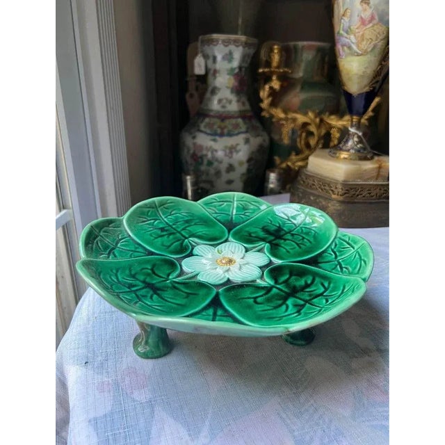 19th C. English Majolica Pottery Low Compote and plates Lily Pads & Herons, c. 1870-1880. 1 footed dish and 3 plates....