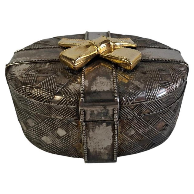 Vintage Silver Tone Geometric Jewelry Box with Gold Bow, 1980 For Sale - Image 18 of 18