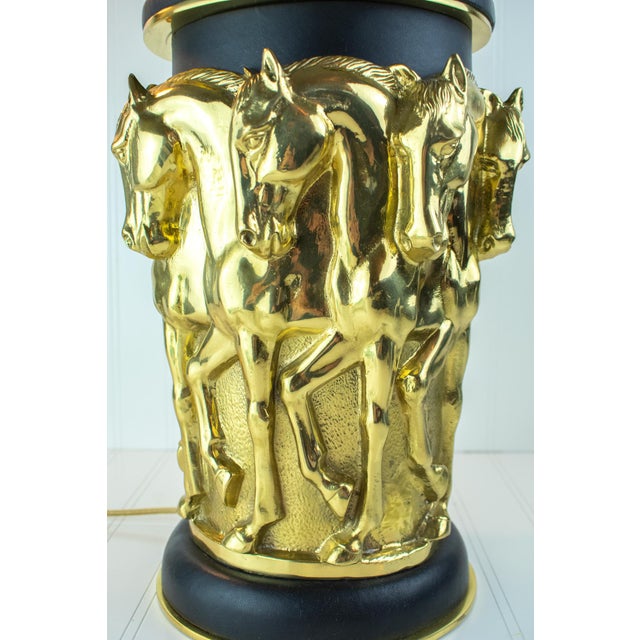 1980s Vintage 1983 Sarreid #9018 — 8 Prancing Horses — Brass & Leather Table Lamp, Black & Gold For Sale - Image 5 of 16