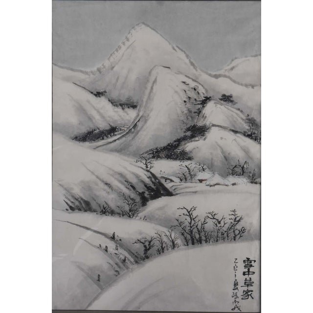 This large-scale watercolor on paper captures a serene, snow-covered mountain village. The artist utilizes traditional ink...