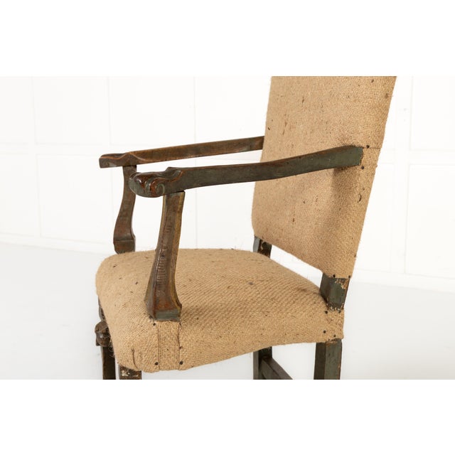 A grand 17th century italian baroque open armchair. made in northern italy, this chair features a charming, original...